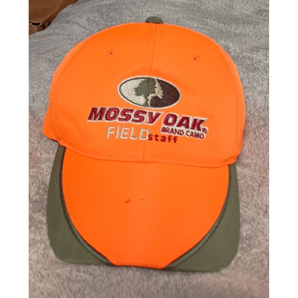 Vintage Mossy Oak Hat Cap Strap Back Blaze Orange & Green Hunting Adult Men's